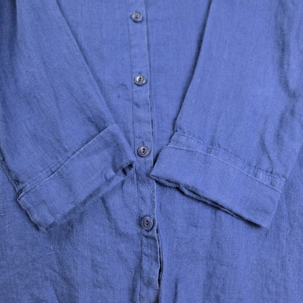 FLAX Medium Blue 100% Linen‎ V-Neck Button-Front Long Oversized Tunic Top - Picture 7 of 16